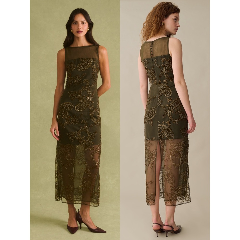 NWT Sorella Ora Beaded Mesh Boat Neck Maxi Dress in Olive Paisley - Size 10